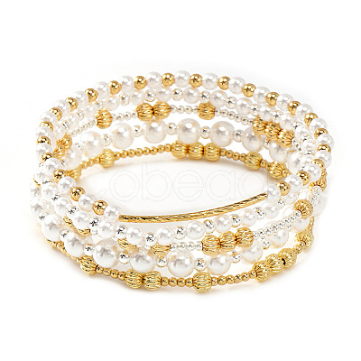 5Pcs 5 Styles Brass & Imitation Pearl Round Beads Stretch Bracelets QX7837-1-1