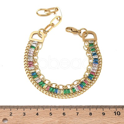 304 Stainless Steel & Glass Double Layers Chain Bracelets for Women BJEW-F540-10G-1