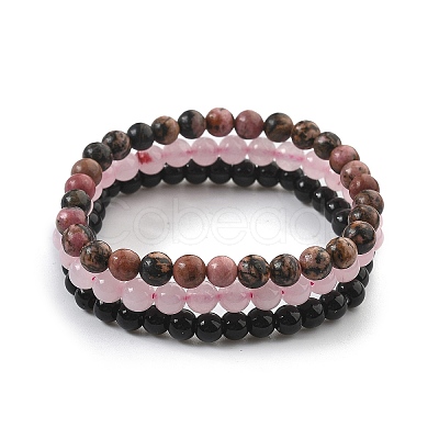 3Pcs 3 Style Natural Rhodonite & Black Agate & Rose Quartz Round Beaded Stretch Bracelets Set PW23030761414-1