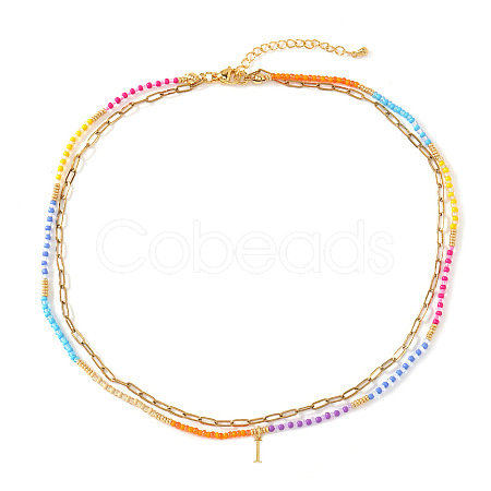 Colorful Glass Seed Beaded Initial Pendant Double Layer Necklaces QS3881-9-1
