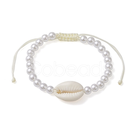 Adjustable ABS Plastic Imitation Pearl & Acrylic Shell Shape Braided Bead Bracelets BJEW-JB10104-04-1