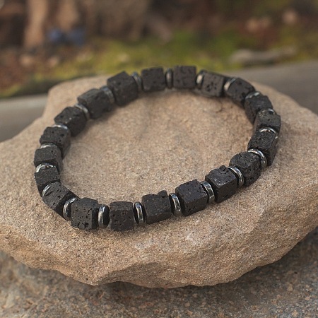 Cube Natural Lava Rock & Synthetic Non-magnetic Hematite Beads Stretch Bracelets for Women Men LS-PF6426-17-1