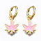 Brass Enamel Huggie Hoop Earrings, Nickel Free, Real 16K Gold Plated, Maple Leaf, Pink, 27x13mm, Pin: 1mm