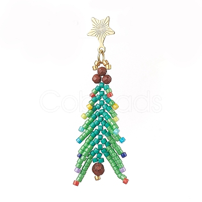 Christmas Tree Natural Red Jasper & Glass Seed Beads Dangle Stud Earrings for Women EJEW-MZ00157-1