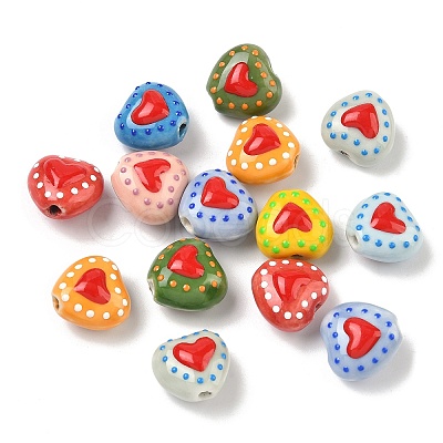 Heart Pattern Handmade Porcelain Enamel Beads PORC-G016-03-1