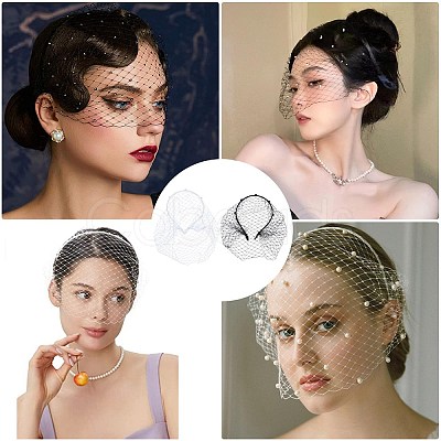 2Pcs 2 Colors Bridal Pearl Mesh Veil Cloth Hair Bands MRMJ-GF0001-50B-1