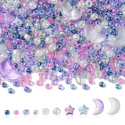 12Pcs 4 Style Moon & Star Transparent Spray Painted Glass Beads GLAA-FS0001-67-1