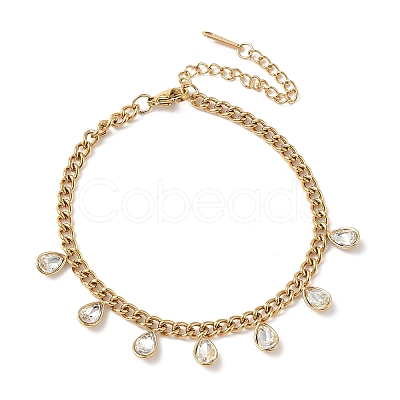 304 Stainless Steel Rhinestone Teardrop Charm Bracelets BJEW-V011-01G-04-1