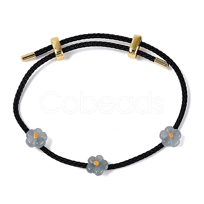 Natural Jadeite Flower Adjustable Cowhide Leather Cord Slider Bracelets with Brass Slider Beads BJEW-N041-05-1