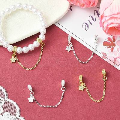 4Pcs 2 Colors Brass Pave Clear Cubic Zirconia European Safety Chains with Charms KK-CJ0003-86-1
