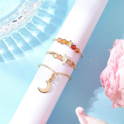 3Pcs Copper Wire Wrapped Natural Carnelian Faceted Round Bead Finger Rings for Women RJEW-JR00887-01-1