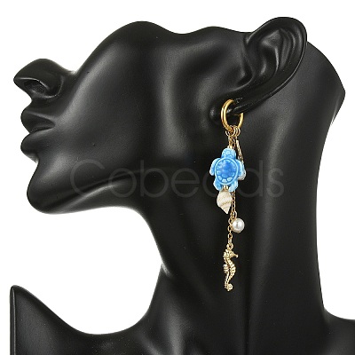 Seahouse 316 Surgical Stainless Steel & Starfish 304 Stainless Steel & Tortoise Porcelain Dangle Hoop Earrings for Women EJEW-JE07129-1