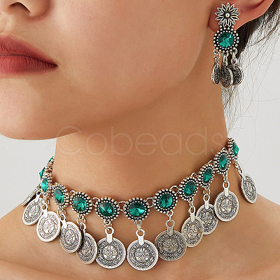 Alloy Rhinestone Flat Round Coin Tassel Necklaces & Stud Dangle Earrings Sets FS-WG925BB-04-1