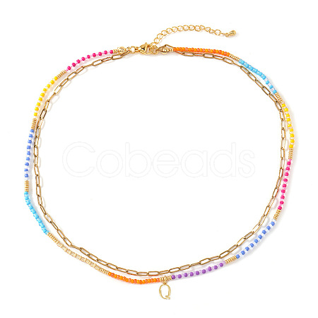 Colorful Glass Seed Beaded Initial Pendant Double Layer Necklaces QS3881-17-1