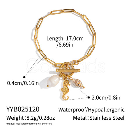 304 Stainless Steel Sea Horse & Natural Shell & Imitation Pearl Charm Bracelets for Women EU3290-2-1