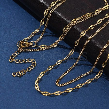 304 Stainless Steel Dapped Chain Double Layered Necklaces for Women NJEW-U050-02C-G-1