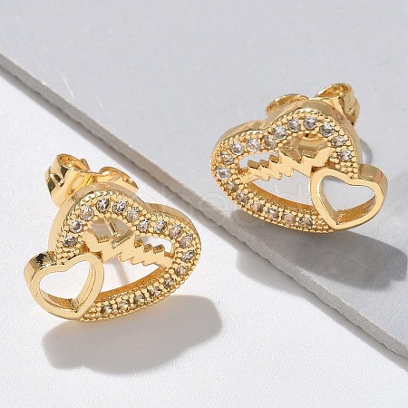 Valentine's Day Heart Brass Micro Pave Clear Cubic Zirconia Stud Earrings EJEW-D305-22G-02-1