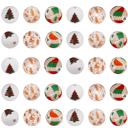 30Pcs 3 Styles Round with Christmas Theme Pattern Silicone Focal Beads SIL-SC0002-97A-1