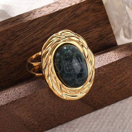 Oval Natural Moss Agate Finger Rings RJEW-M063-01G-07-1