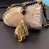 Natural Tiger Eye Copper Wire Wrapped Tree of Life Teardrop Pendant Black Round Beaded Necklaces for Men EF1555-2