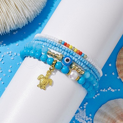 5Pcs 5 Style Evil Eye Lampwork & Synthetic Turquoise & Natural Pearl  Beaded Stretch Bracelets Set BJEW-JB09708-1