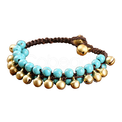 Bohemian Style Synthetic Turquoise Round Beaded & Brass Bell Charm & Wax Cord Braided Bead Bracelets FS-WGC2A27-02-1