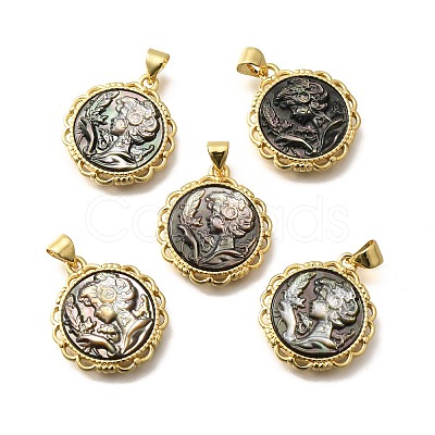 Brass with Natural Shell Carved Pendants KK-Z091-05G-02-1