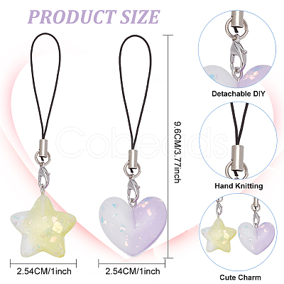 Gradient Color Translucent Resin Heart & Star Mobile Strap HJEW-PH01806-1