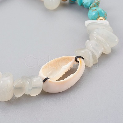 Synthetic Turquoise(Dyed) & Natural White Moonstone Chip Braided Bead Bracelets BJEW-JB04080-03-1