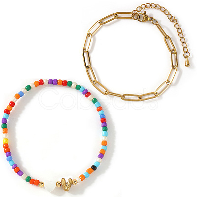 2Pcs 2 Styles Glass Seed Beads & Natural Shell & 304 Stainless Steel Beads Stretch Bracelest & Brass Paperclip Chain Bracelets Set for Women GY4605-22-1