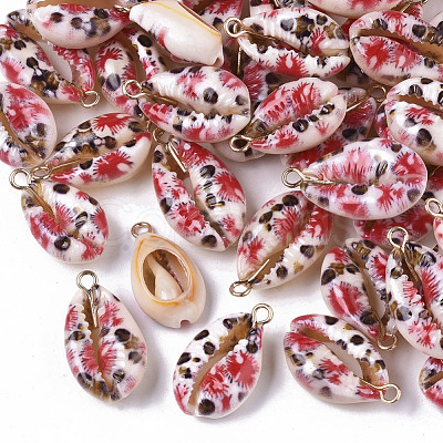 Printed Natural Cowrie Shell Pendants SSHEL-R047-02-B04-1