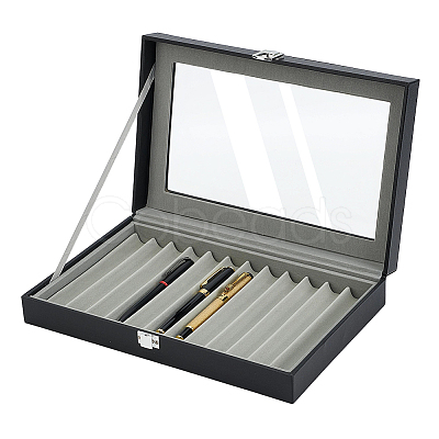 Black PU Leather Pen Organizer Boxes with Clear Glass Visible Window Lid CON-WH0107-129B-1