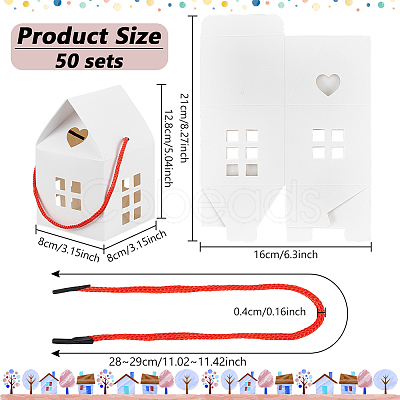 50 Bags House Shaped Paper Folding Candy Tote Boxes with Hollow Window and Rope Handles CON-BC0007-76A-1