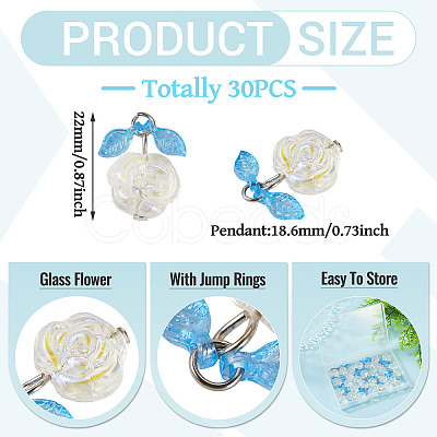 30Pcs Transparent Glass Flower Pendants with Deep Sky Blue Acrylic Leaf PALLOY-TAC0241-1