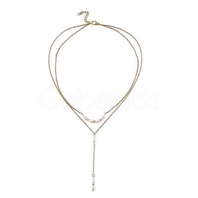 Natural Cultured Freshwater Pearl Two Sides Polished Y Tassel 304 Stainless Steel Double Layered Necklaces for Women NJEW-JN06359-1