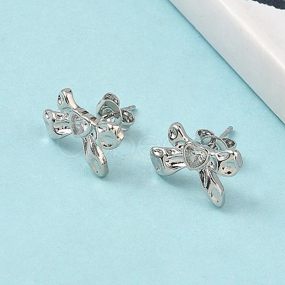 Brass Micro Pave Clear Cubic Zirconia Bowknot Stud Earrings EJEW-A145-02B-P-1