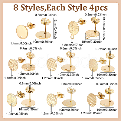 32Pcs 8 Style Ion Plating(IP) 201/304 Stainless Steel Stud Earring Findings STAS-ME0001-39G-1