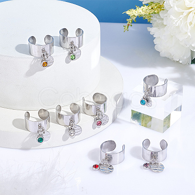 8Pcs 8 Color Birthstone Rhinestone & 201 Stainless Steel Flat Round Charm Rings Set RJEW-AB00004-1