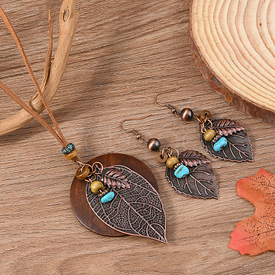 Iron & Wood & Suede Cord Pendant Necklaces & Dangle Earrings Sets FS-WGBCDFB-01-1