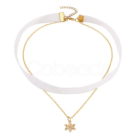 Brass Micro Pave Clear Cubic Zirconia Snowflake Pendant Single Face White Velvet Ribbon & Brass Chain Double Layered Choker Necklaces NJEW-TAC0037-1