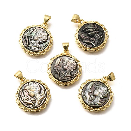 Brass with Natural Shell Carved Pendants KK-Z091-05G-02-1
