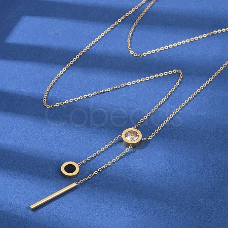304 Stainless Steel Crystal Rhinestone Flat Round Pendant Y Necklaces NJEW-V001-03G-1