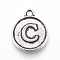 Tibetan Style Alloy Charms, Flat Round with Letter, Antique Silver, Letter.T, 15x12.5x2mm, Hole: 1.5mm