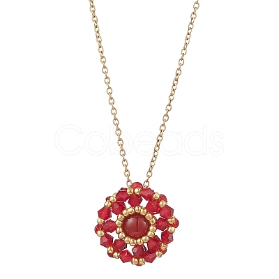 Natural Carnelian(Dyed & Heated) & Glass Seed Beaded Flat Round Pendant 304 Stainless Steel Cable Chain Necklaces NJEW-MZ00129-07-1