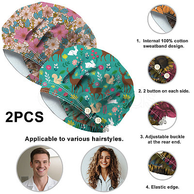 2Pcs 2 Styles Cotton Adjustable Printed Bouffant Hats Working Caps for Women Men AJEW-DR0002-26B-1