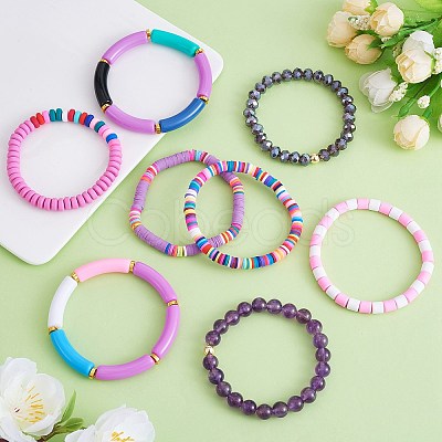 8Pcs 6 Style Synthetic Imperial Jasper & GLass Beaded Stretch Bracelets Set BJEW-SW00086-03-1