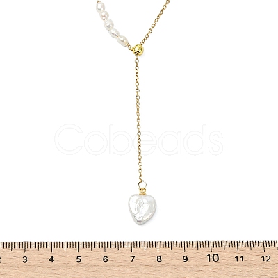 Adjustable Natural Baroque Keshi Pearl Heart Pendant 304 Stainless Steel Cable Chain Y Shaped Lariat Necklaces for Women NJEW-JN06095-1