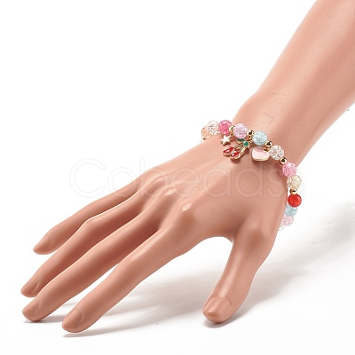 Candy Color Round Beaded Stretch Bracelet with Heart Cherry Charm for Women BJEW-JB07636-01-1