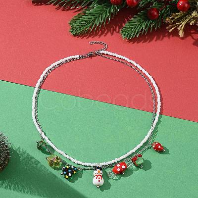 Glass Seed Beaded & 304 Stainless Steel Cable Chain Double Layer Necklace NJEW-TA00074-1