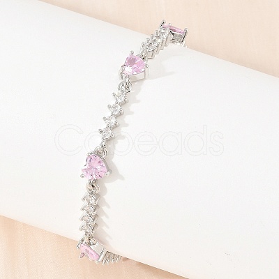 Brass Pave Cubic Zirconia Heart Link Chain Bracelets for Women KK-CBA68DA-10P-02-1